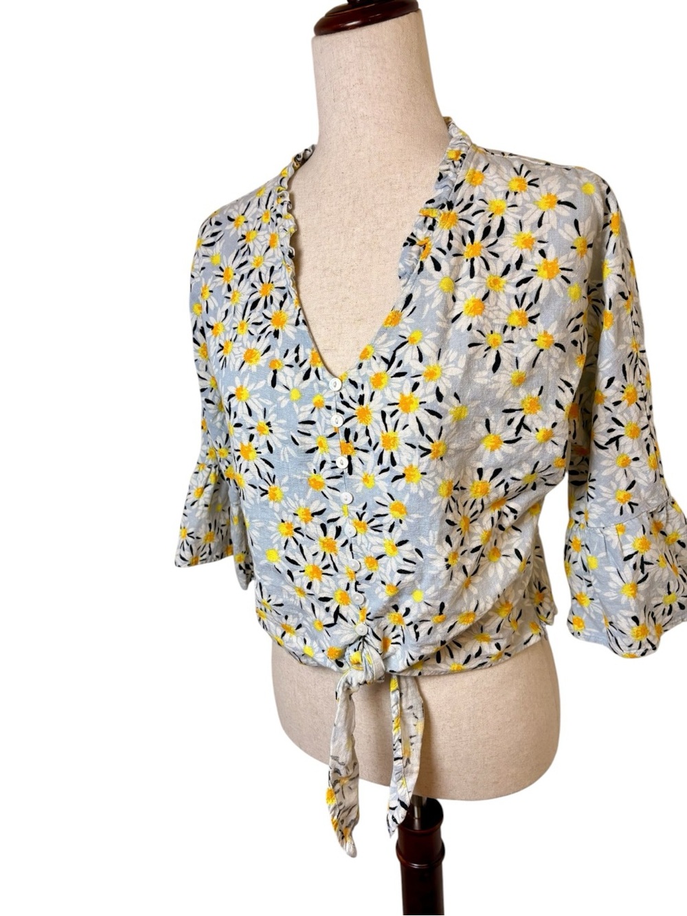 For Cynthia Blue Daisy Floral Tie-Front Blouse Romantic Cottagecore Size Medium